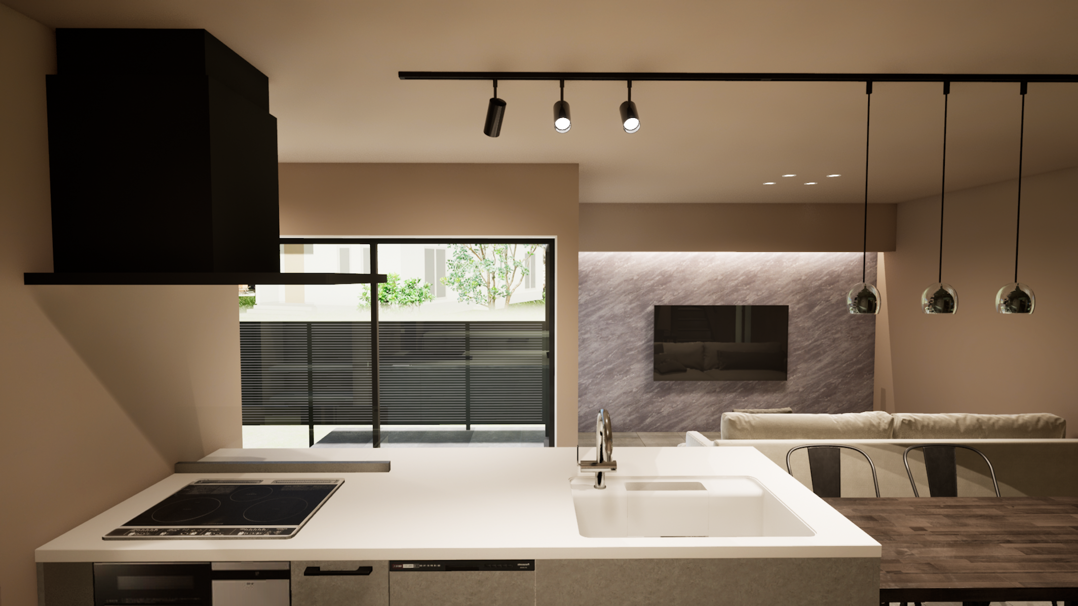 広々としたアイランドキッチンとダイニングが一体となった開放的なLDK。料理中も家族との会話が途切れず、庭の緑を眺めながら優雅な時間を過ごせます。