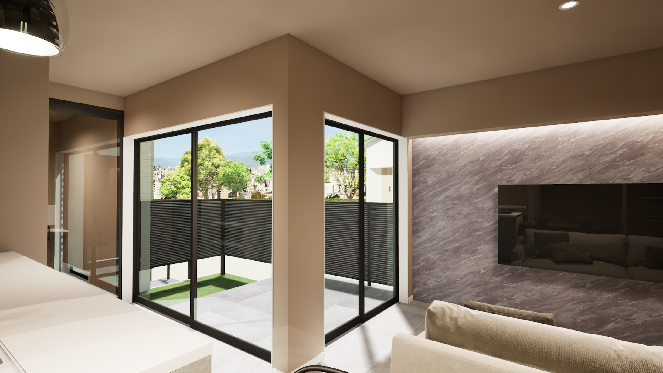 テラスと一体になった空間は、外の光を室内に取り込み、視覚的な広がりを生み出します。TV背面のアクセントが、この特別な空間をホテルライクな上質さで引き立てます。光と風を感じる、心地よい特等席です。