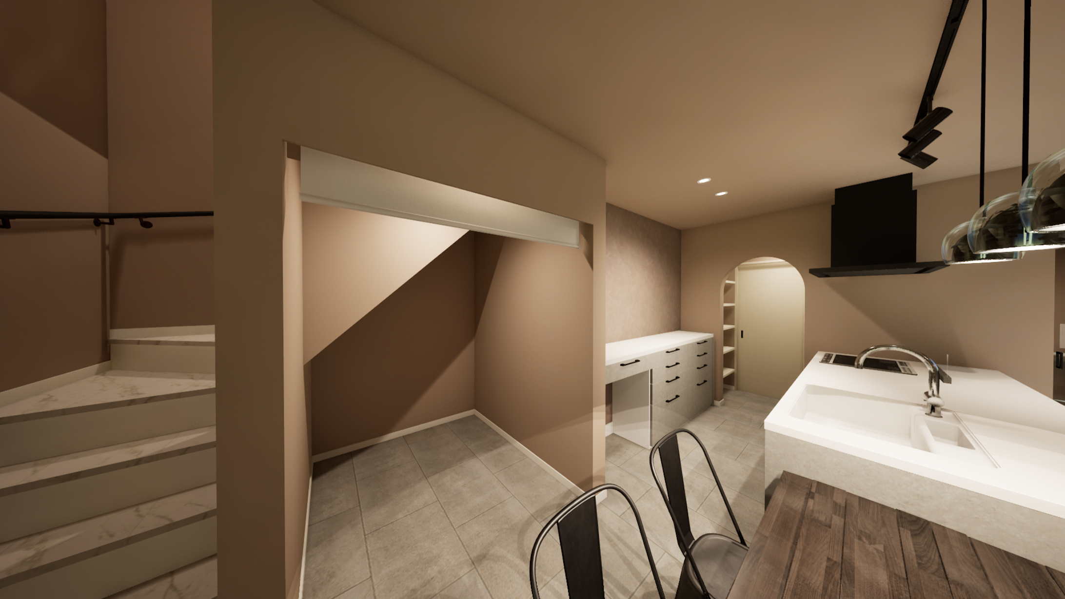 機能美とデザインを兼ね備えたキッチンから、使い勝手の良い収納スペースへ続く動線が魅力。奥にはパントリー、手前には階段下の空間を活かした充実した収納で、生活感を隠しつつ、すっきりとした暮らしを叶えます。アーチ型のエントランスが優しさを添え、洗練された空間の中で日々の家事を心地よくサポートします。