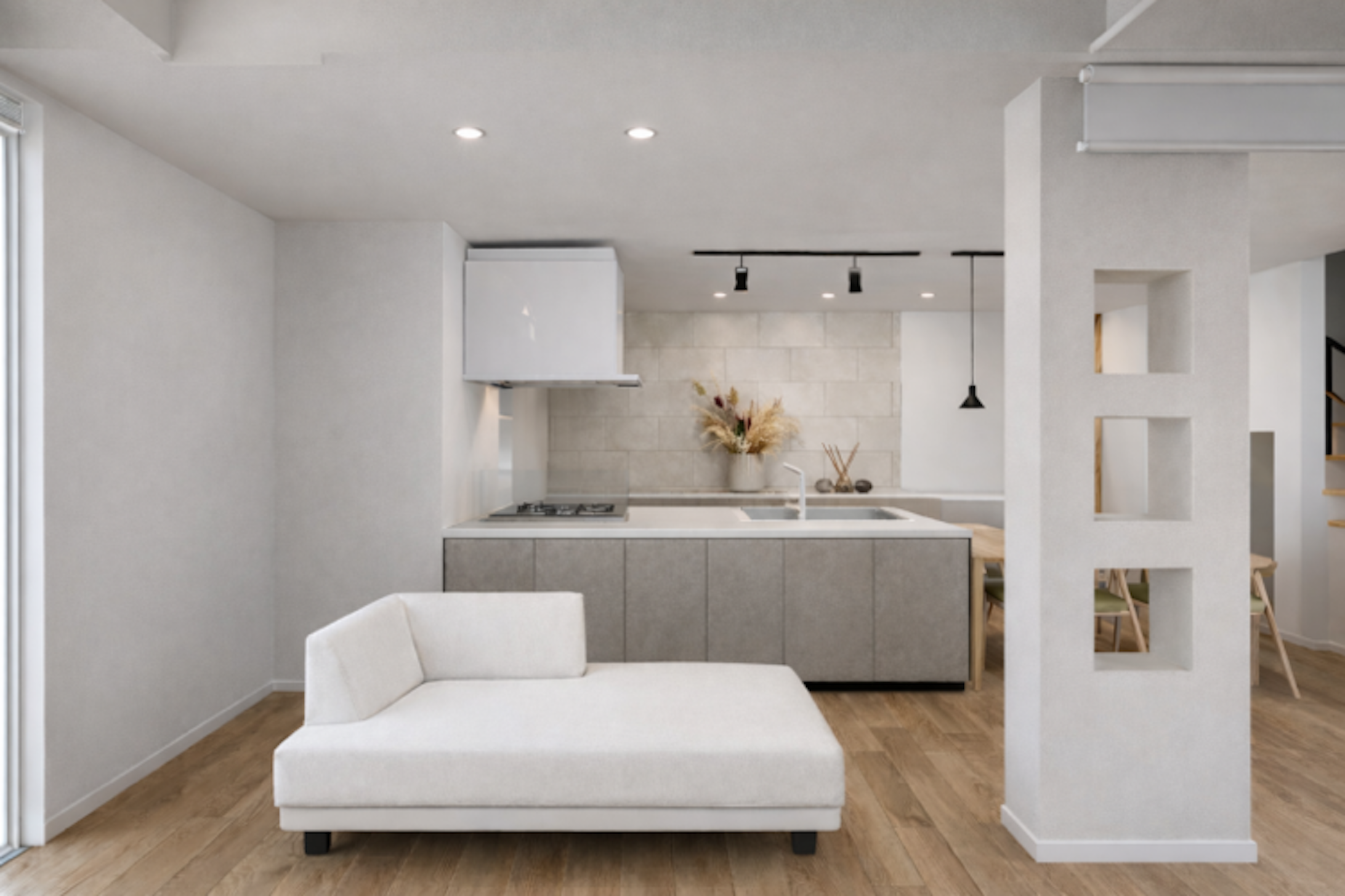 グレー色のキッチンとブラックの小物でシックな空間に。※内観パースはイメージです。