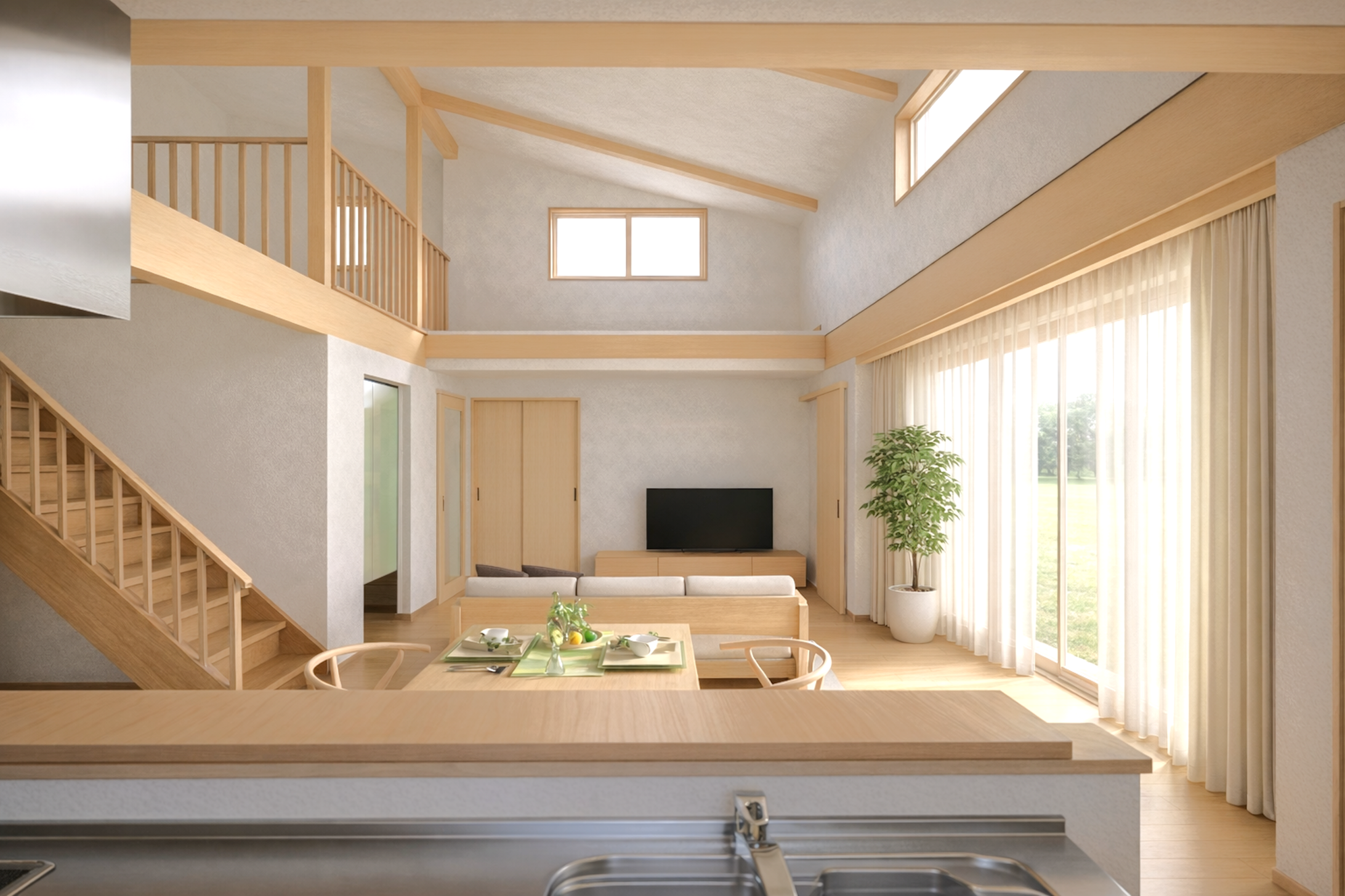 1.5階建て　吹き抜け　家事動線　