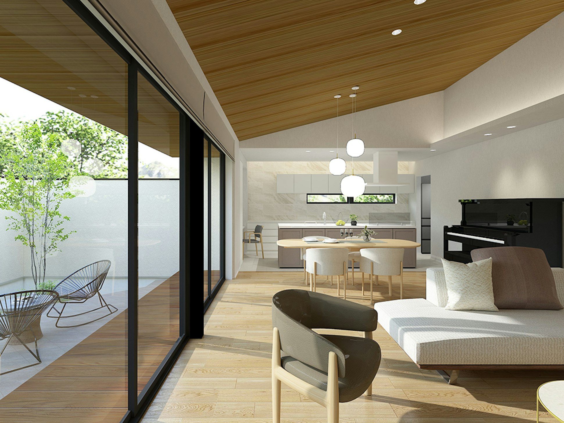 勾配天井と連続する掃き出し窓が、内と外の境界をやさしく溶かす