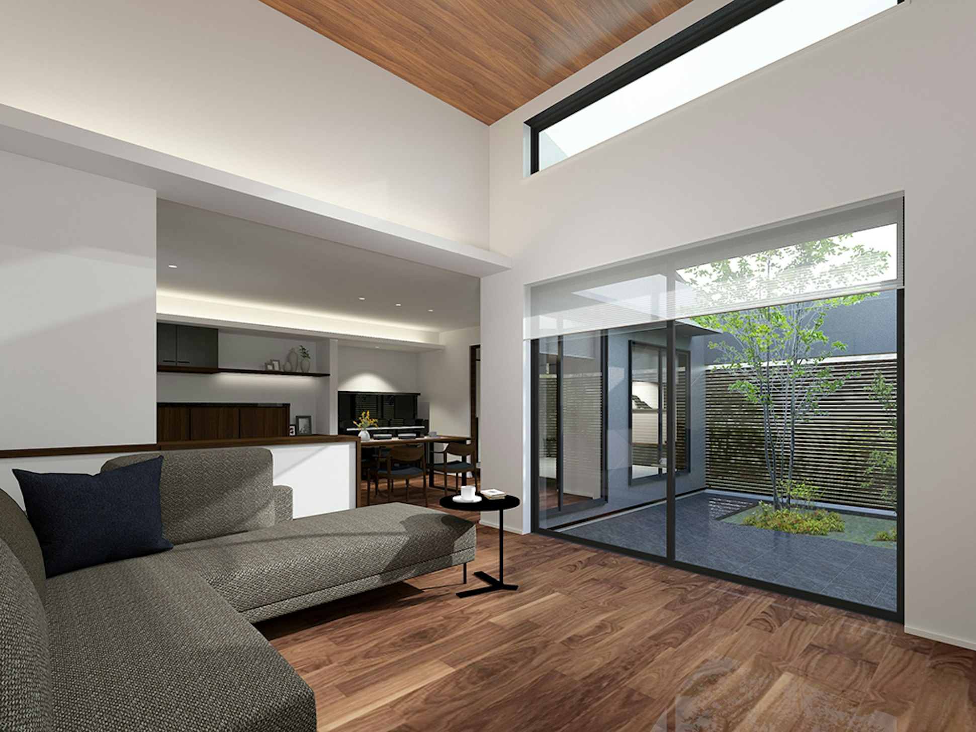 大開口の先に広がるプライベートテラスと吹抜・高天井