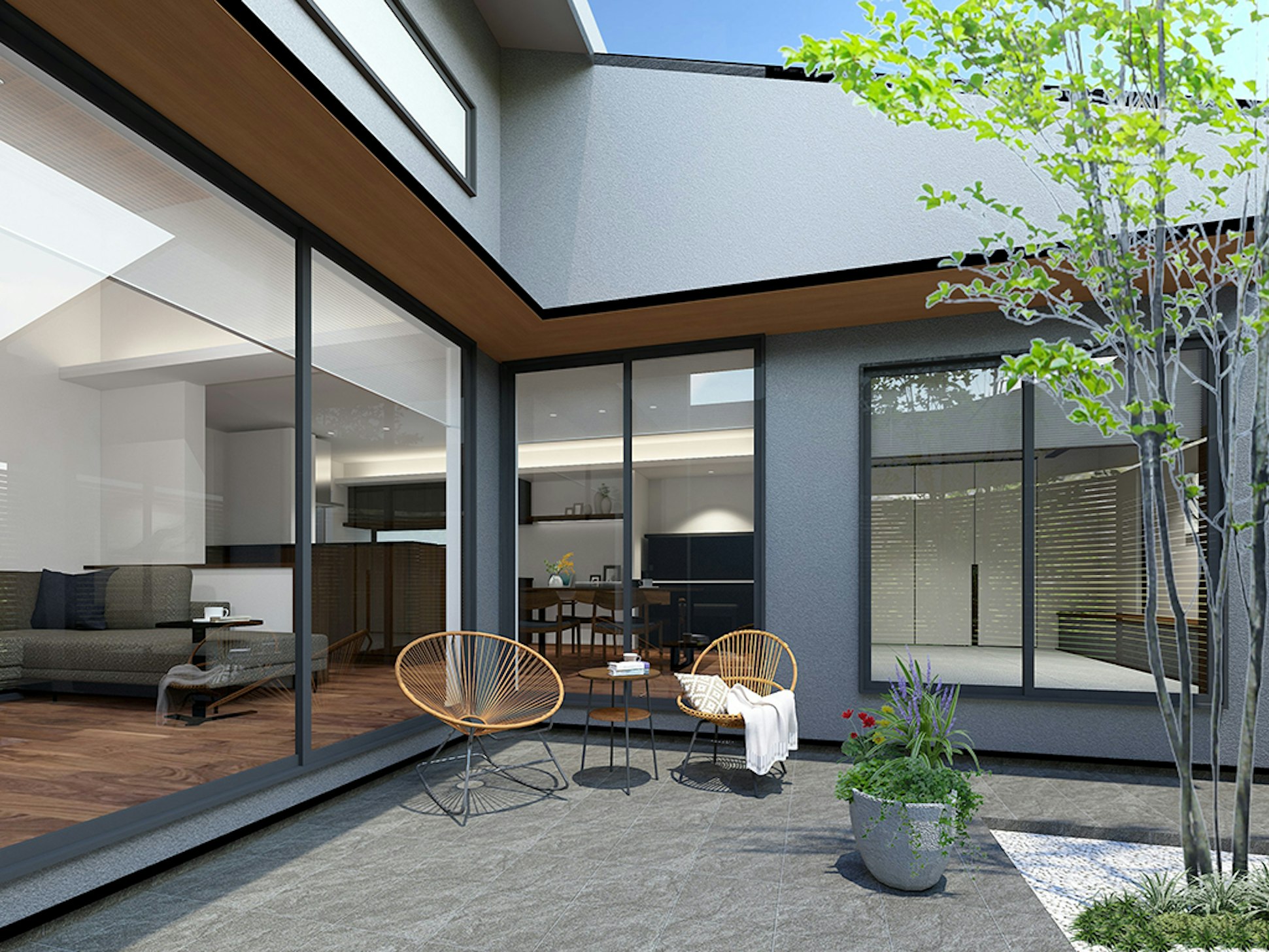 視線を遮りながら空を切り取るコートテラス