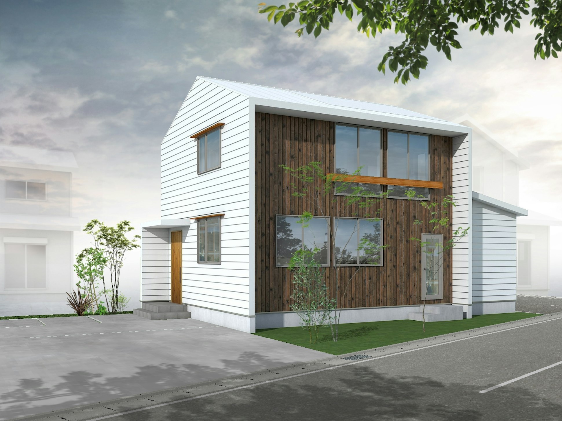 外壁に白いガルバリウム鋼鈑と杉板外壁を使用したコンパクトでかわいらしい外観が特徴です