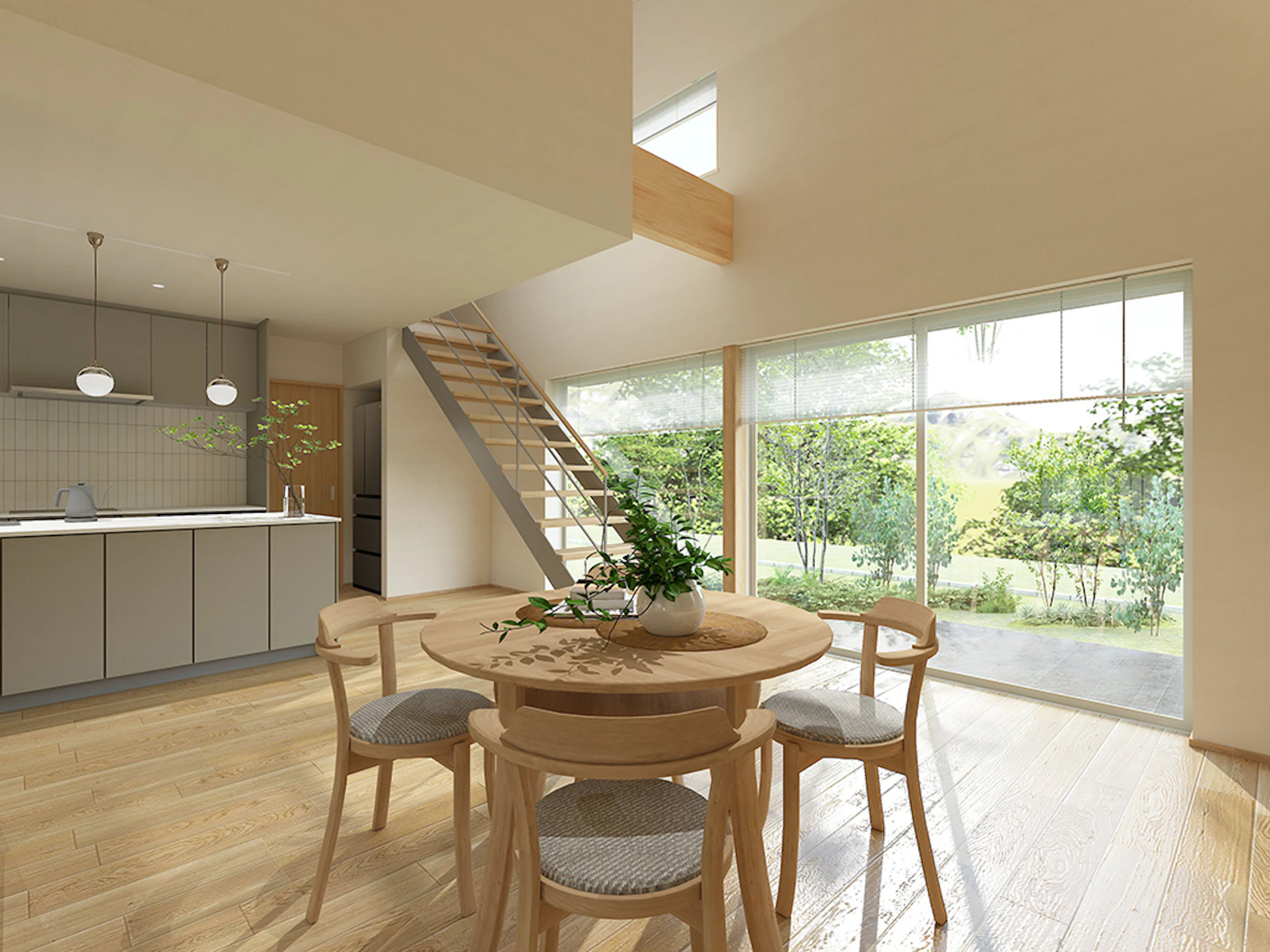 鉄骨階段とテラスに開放的な高天井