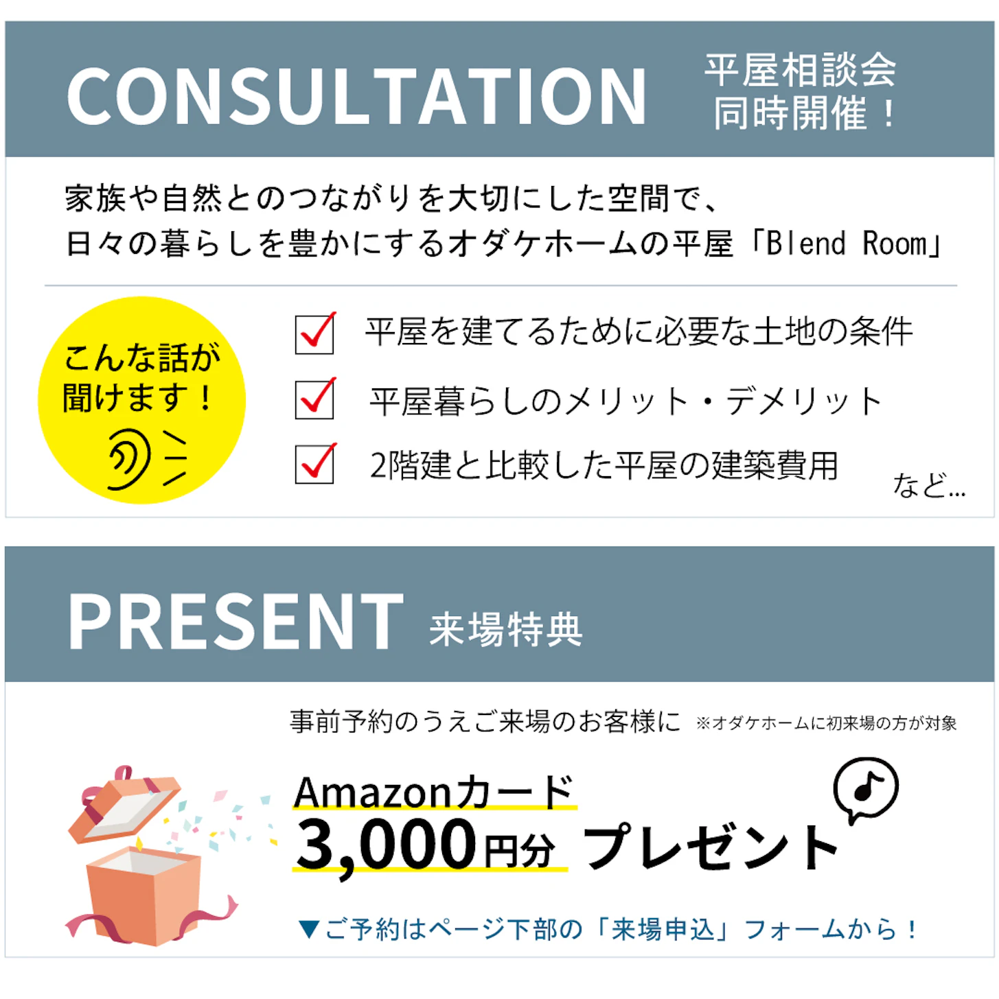来場予約をしてご見学・ご相談いただいた方に3,000円分のAmazonギフトカードプレゼント！