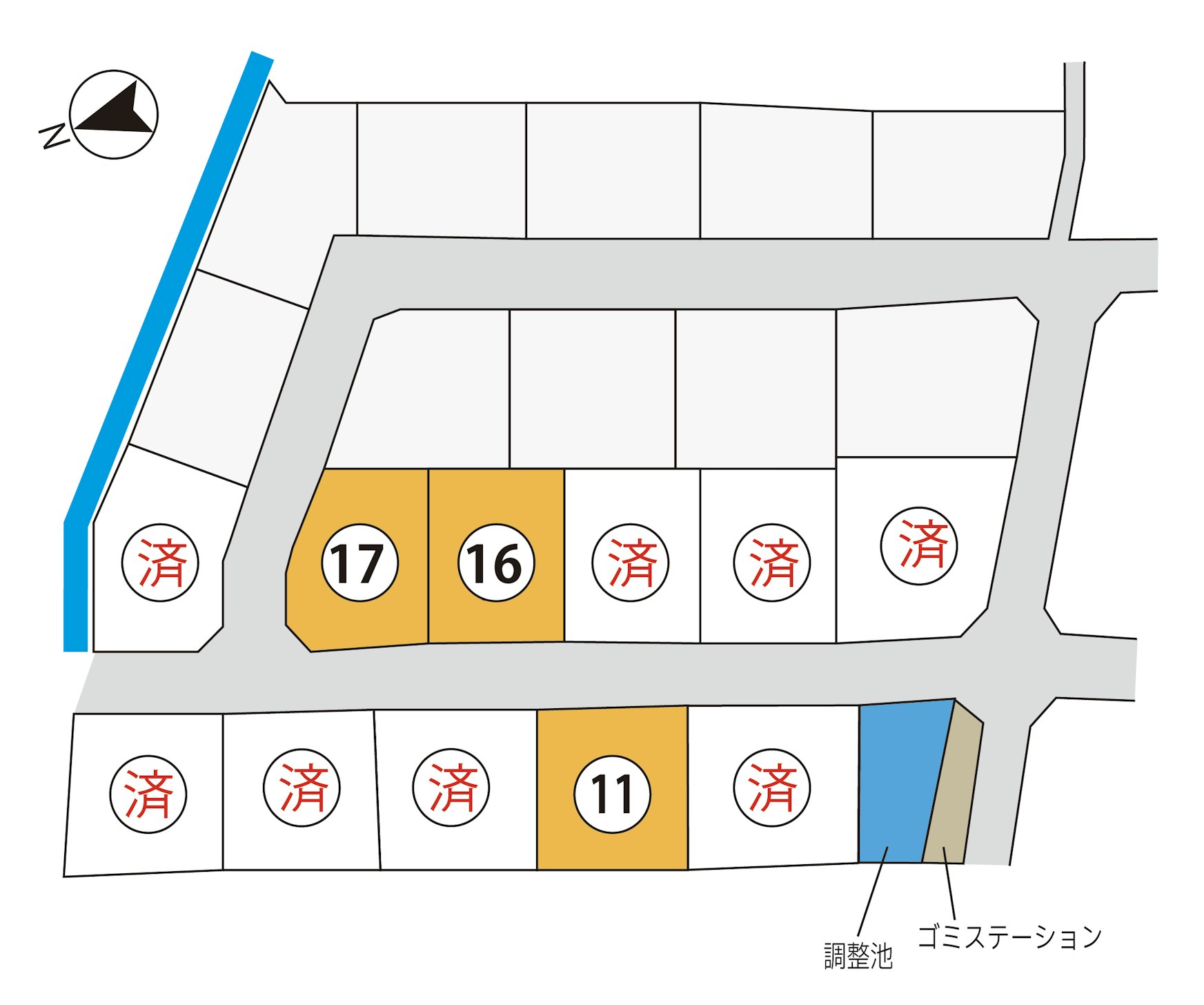 現地区画図　残３区画！！１１号地のみ、建築条件なし区画です