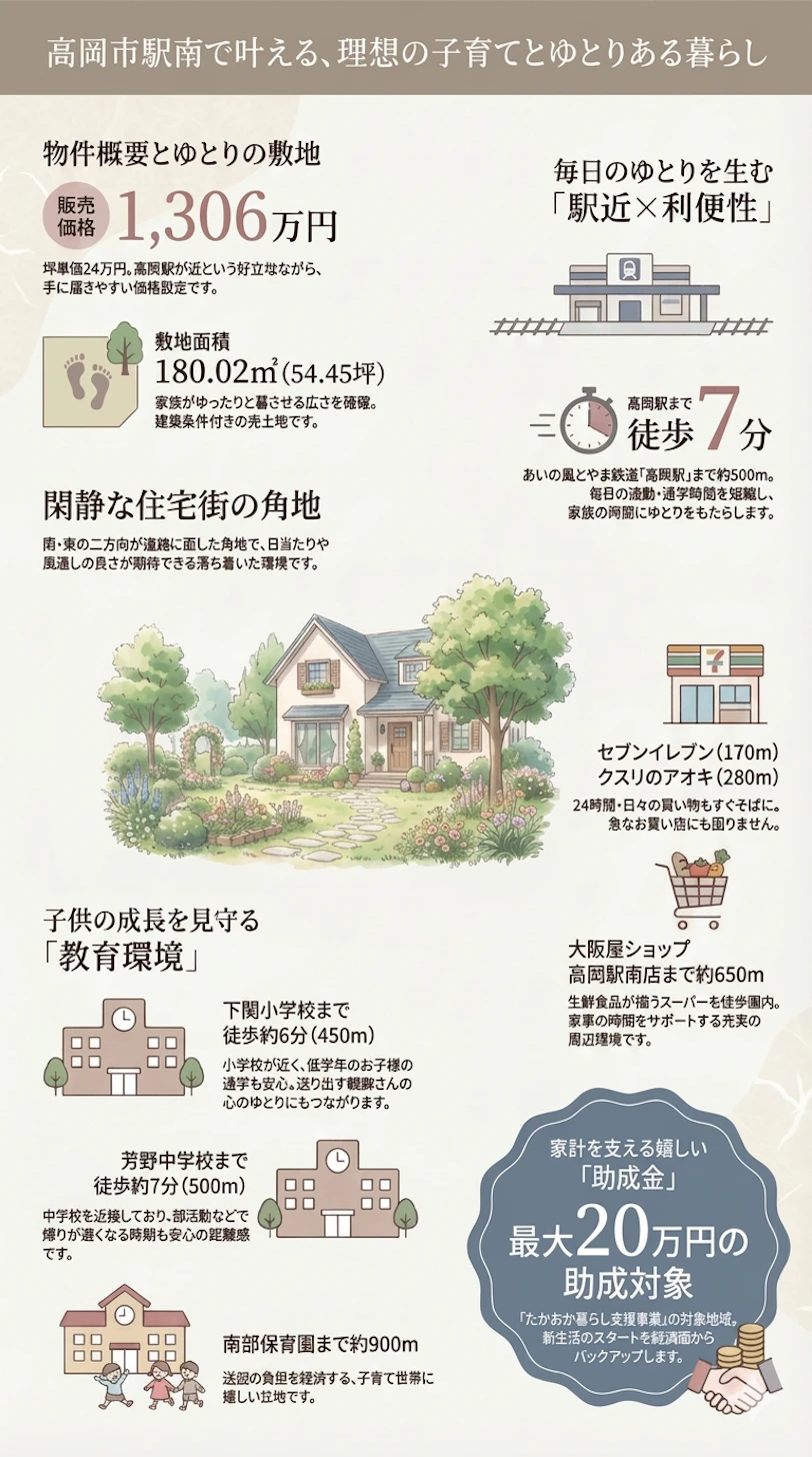 【高岡駅徒歩7分・平屋にも最適！】雨の日も暗い夜道も、駅徒歩7分が「子供を守る防犯」になる。