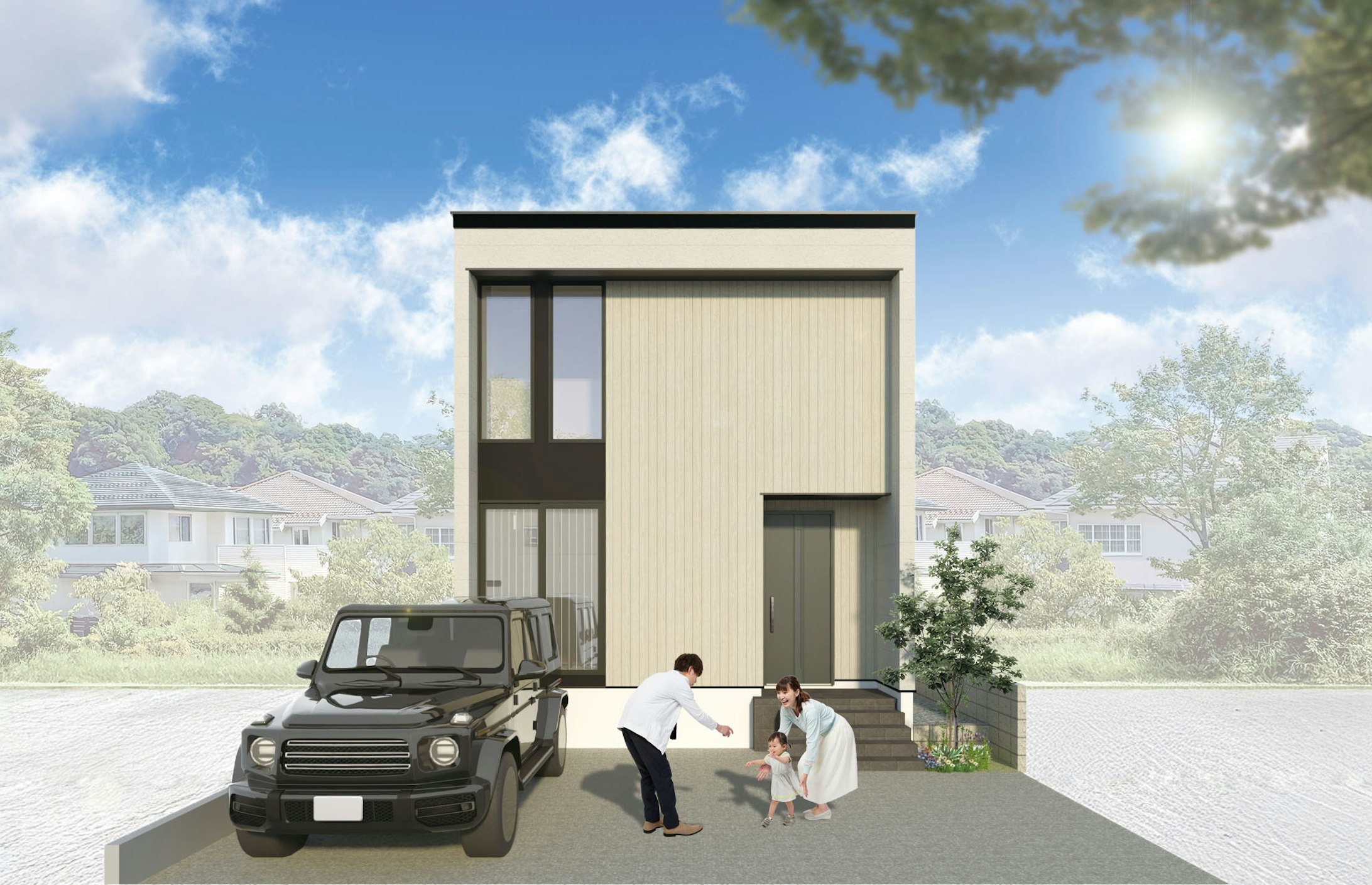 ハイサッシが描くモダンなトーンと木目調の温もりが調和する上質なコンセプトデザイン住宅です。