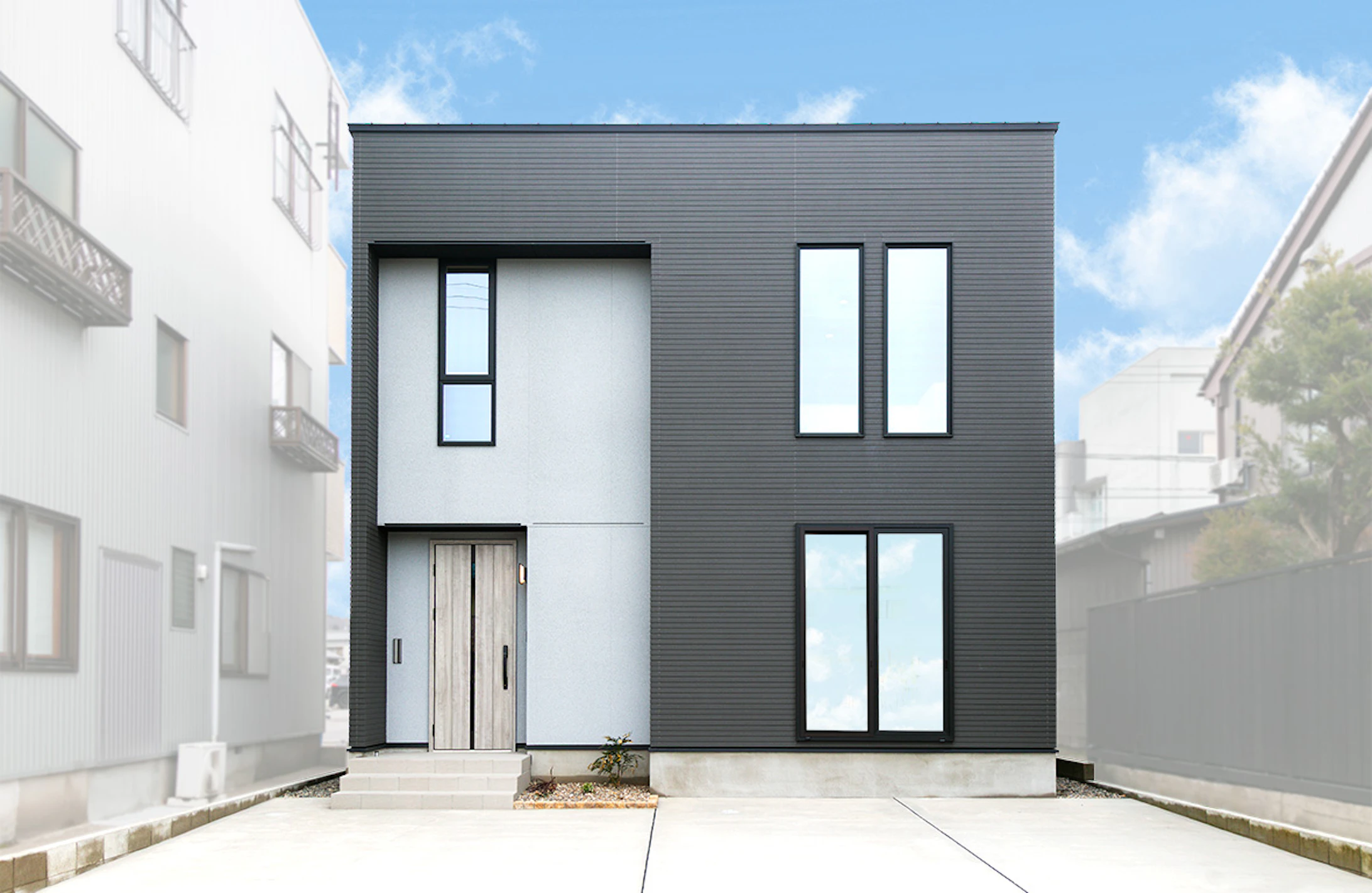 エッジの効いた小幅なストライプのブラックカラーを基調に、正面のグレーの吹付が素材感を感じるクールモダンなデザインです。