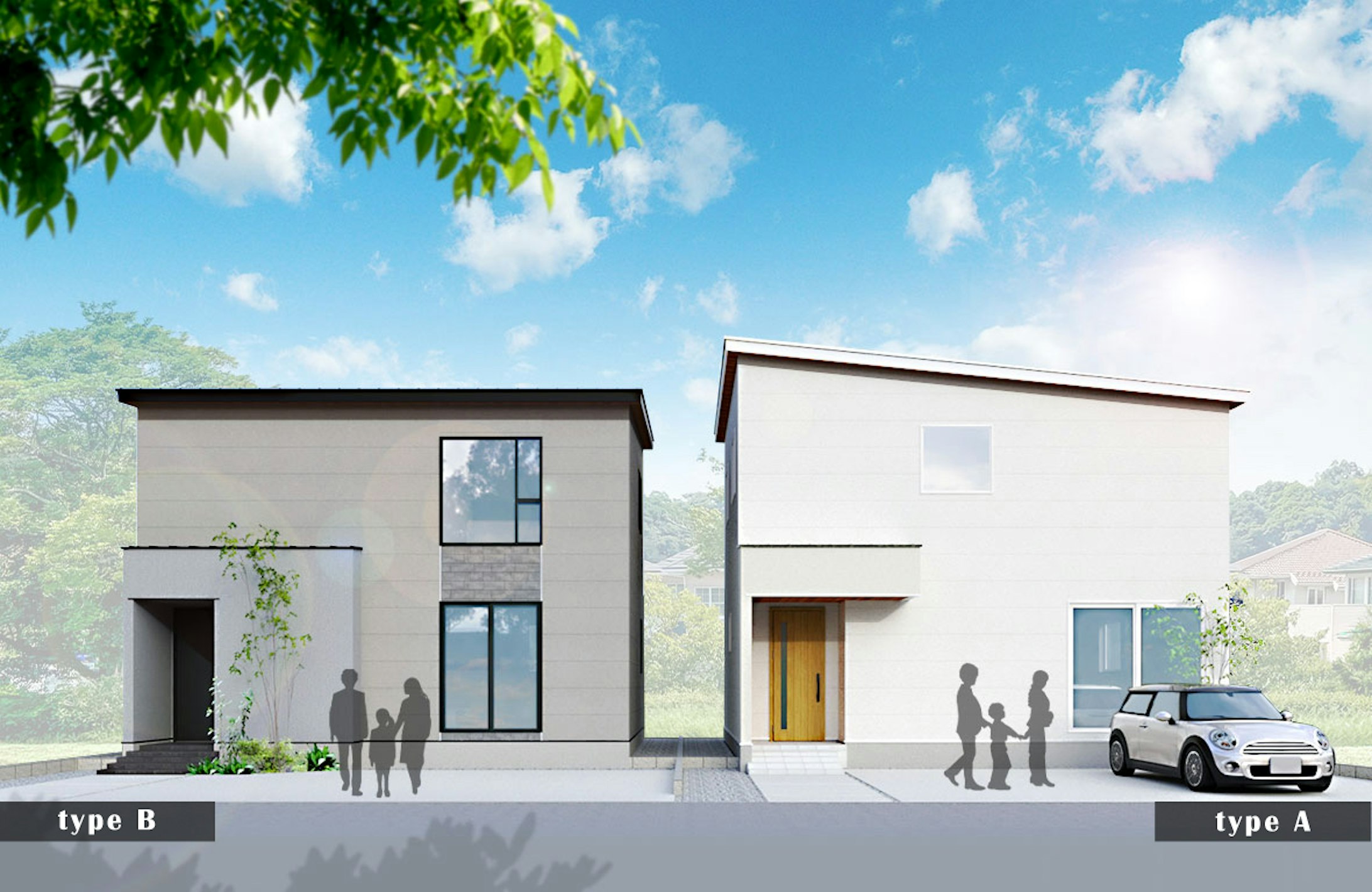 【A棟：画像右側】ホワイトカラーでシンプルなフラットデザインの外壁を基調に、木の質感・塗装のアクセントを調和させた、優しく上品な雰囲気を纏う住まい。
【B棟：画像左側】大判のサイディングの重厚感と吹付の質感をグレーの配色でまとめた飽きのこない外観。軒裏の無垢材が柔らかさを加え、サッシのレイアウトがスタイリッシュな表情を生み出します。