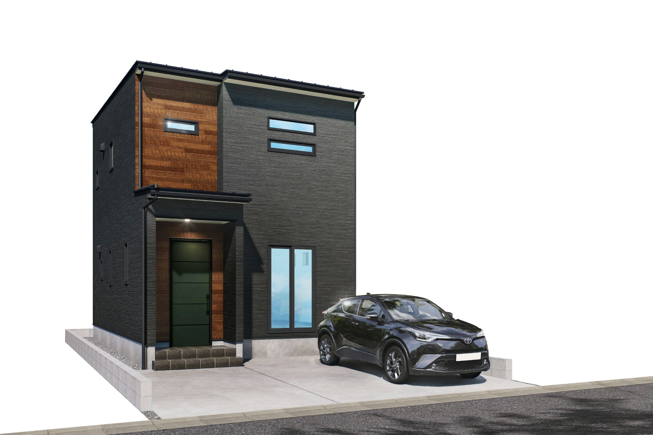 横長スリット窓が外観のアクセントになり、プライバシーと採光を両立。駐車は3台可能です◎