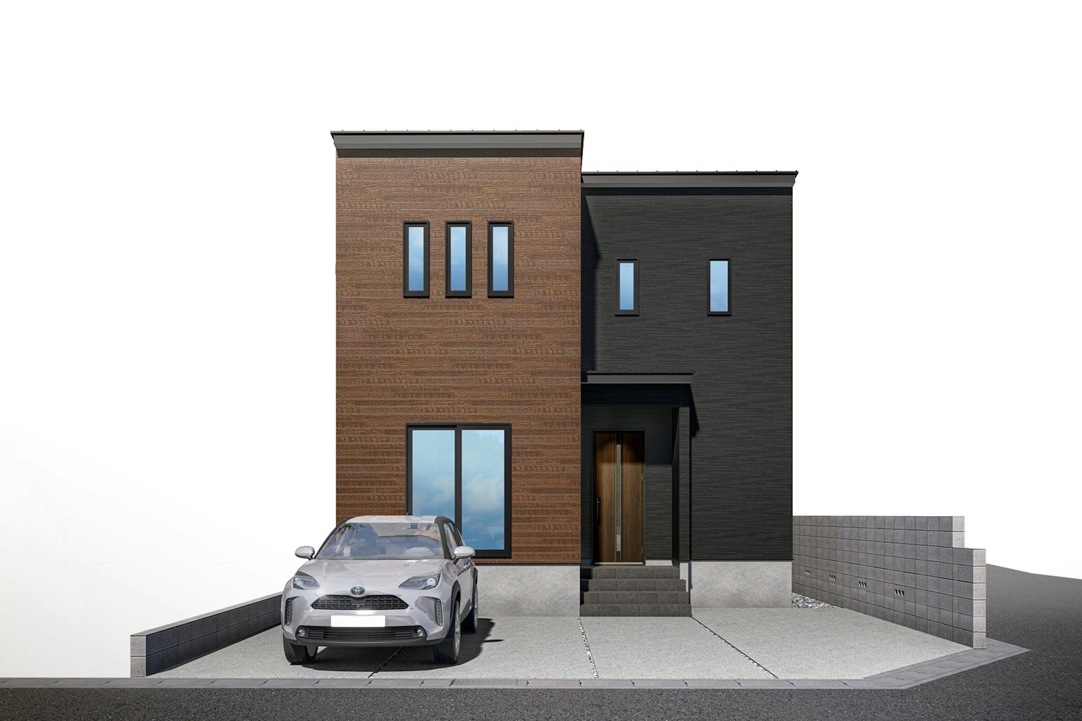 【イメージ図】ブラック×ブラウンのコントラストが映える、デザイン性の高い外観が魅力の一邸となっています。駐車は3台可能です♪