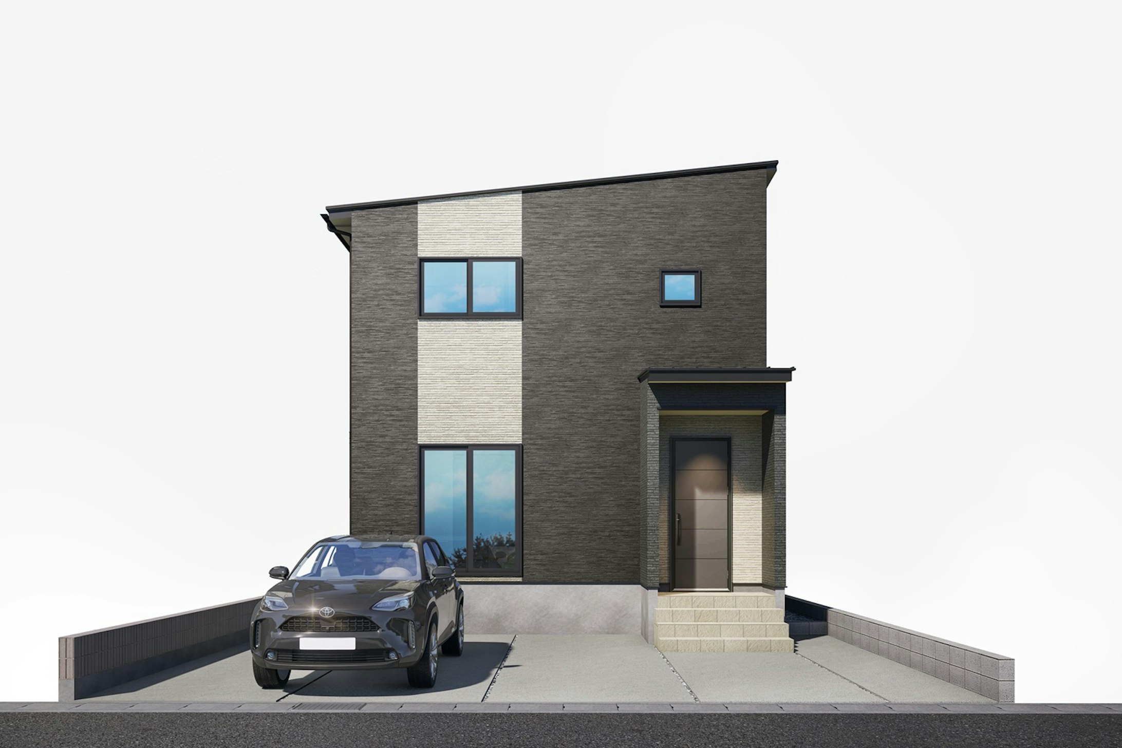 【イメージ図】スタイリッシュなダークグレーとホワイトのツートンカラーが映える、都会的で洗練された外観デザイン。玄関は落ち着いた木目調のドアを採用し、高級感を演出。駐車は3台可能です！