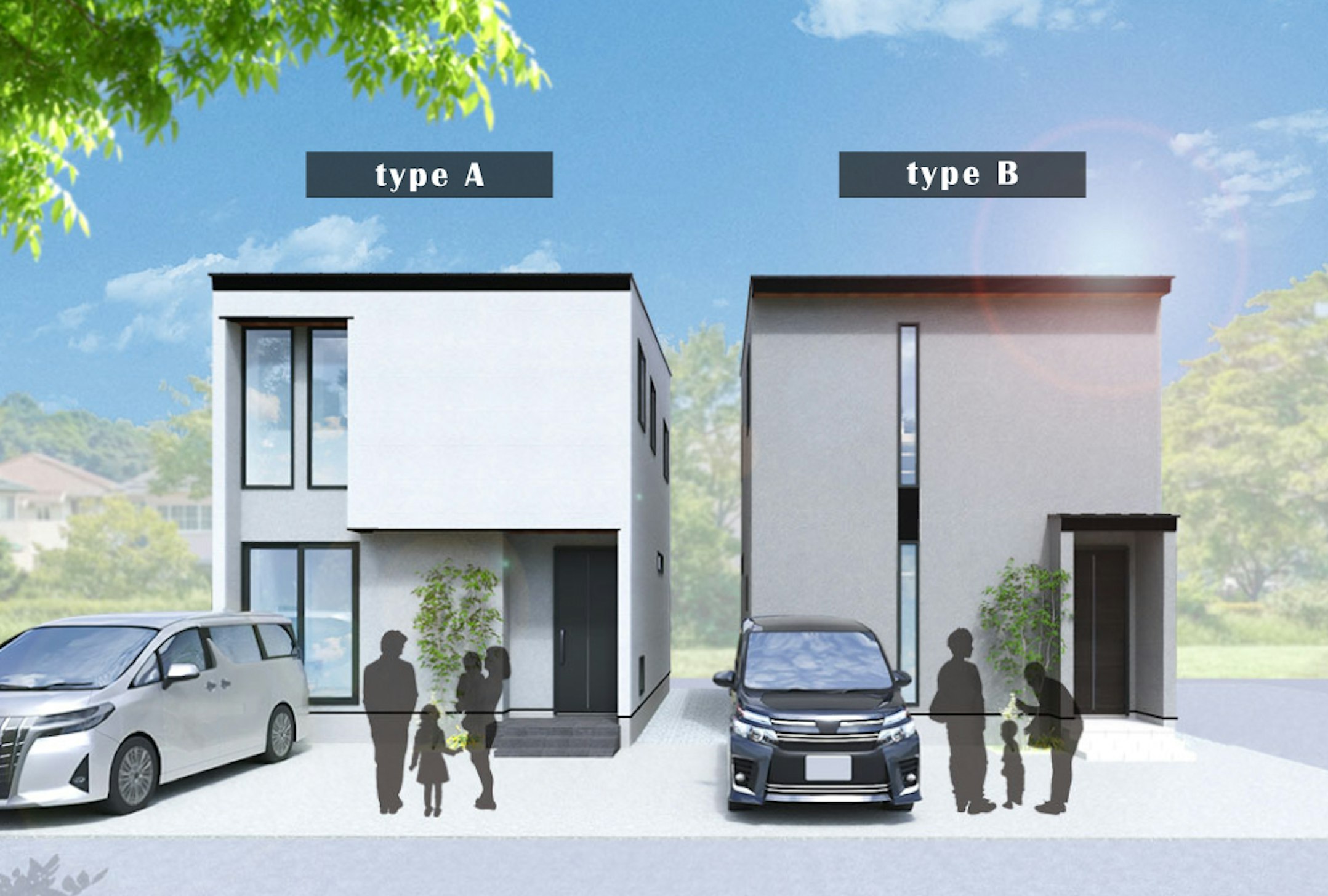 【A棟：画像左側】シンプルなフラットデザインに自然な風合いをプラスしたホワイトカラーをベースに塗壁材をアクセントに仕上げたおしゃれでクールモダンな外観デザインです。
【B棟：画像右側】グレージュの塗壁に天然木のアクセントを組み合わせたシンプルながらも奥行きを感じさせる外観デザインです。