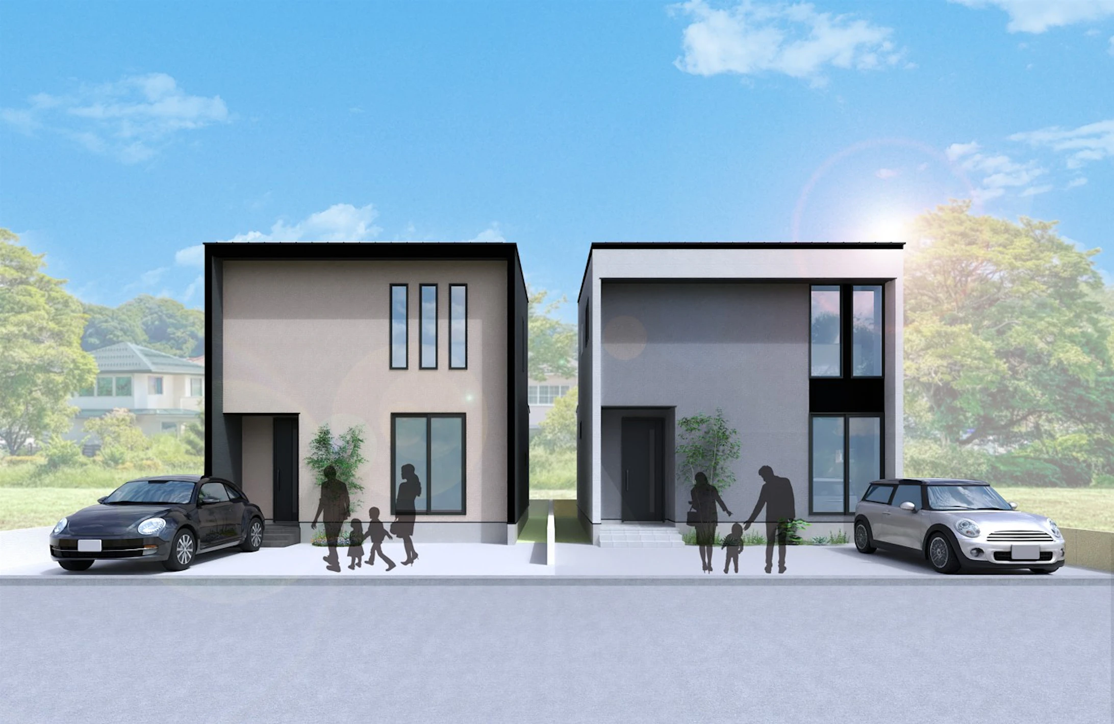 （A棟：画像左側）キューブ型の端正なフォルムに温かみのあるグレージュの塗装を合わせ、軒と袖壁が建物の輪郭を強調し、重厚感と存在感を感じさせる住まいです。
（B棟：画像右側）シンプルなグレーの外観に、軒と袖壁がつくる陰影が建物に奥行きをもたらし、街並みに自然と溶け込みながらも印象に残るデザインの住まい。